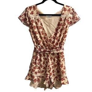 Tularosa Romper Neutral Floral Chiffon Crochet Detail Tie Waist Size S Boho